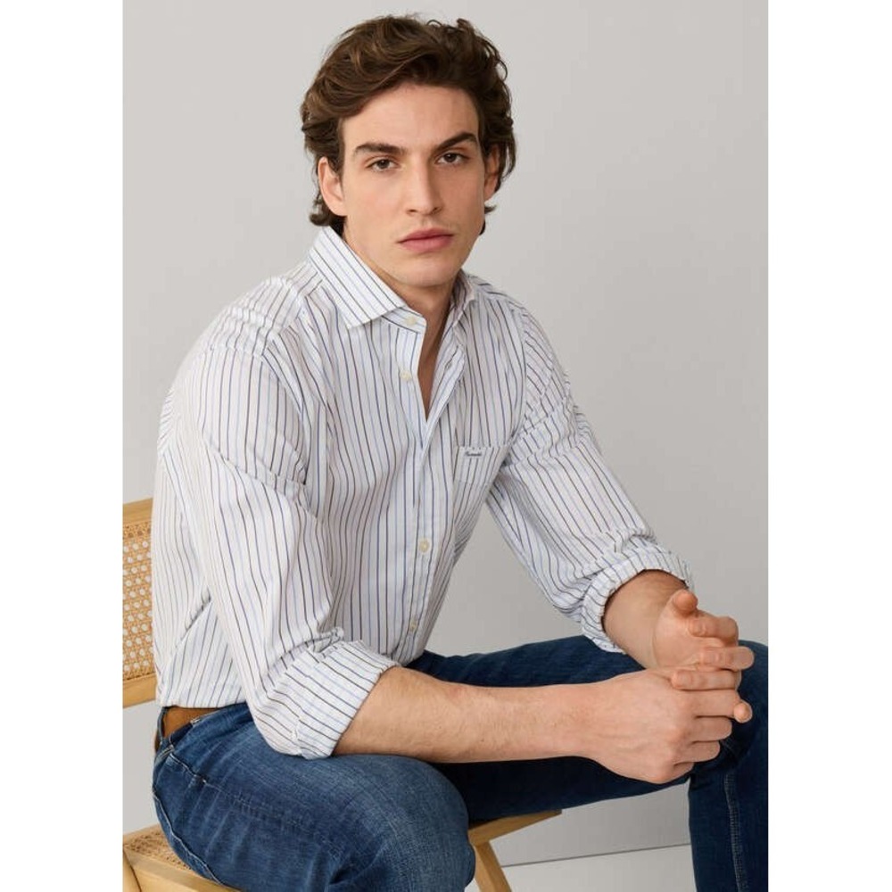 Faconnable Classique Linen Striped Button Down Shirt XL Tall Blue White Coastal